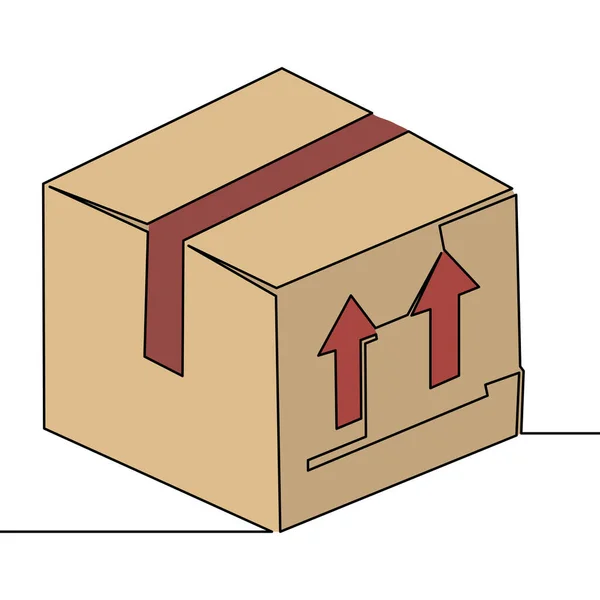 Linea Disegno Continua Colorata Piatta Arte Scatola Cartone Consegna Icona — Vettoriale Stock