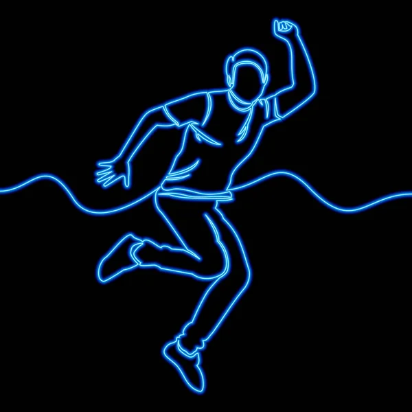 Continuous One Single Line Drawing Happy Jumping Man Icon Neon — Image vectorielle