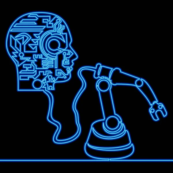 Ciągła Jedna Linia Rysunek Inteligentny Fabryczny Robot Ikona Neon Świecący — Wektor stockowy