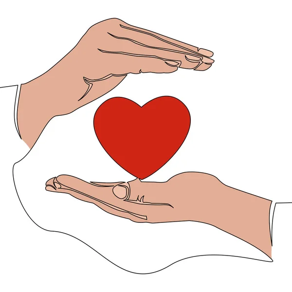 Плоский Красочный Непрерывный Рисунок Линии Искусства Сердце Здоровья Руки Держать — стоковый вектор