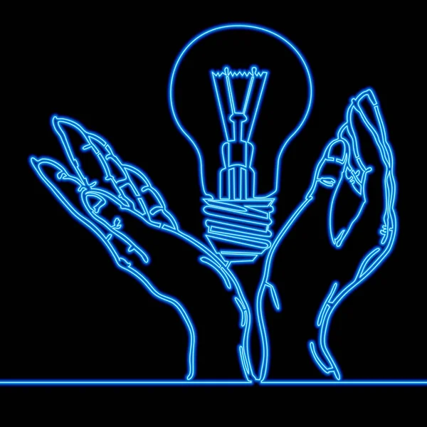 Kontinuierliche Eine Einzige Linie Zeichnung Hände Halten Glühbirne Symbol Neon — Stockvektor