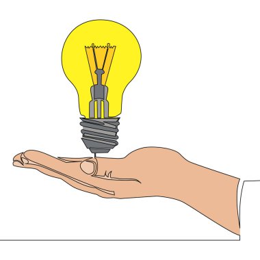 Düz renkli sürekli çizim çizimi. El, ampul tutuyor. İş fikri ikonu vektör illüstrasyon kavramı.