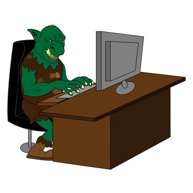 Fat internet troll using a  computer clipart