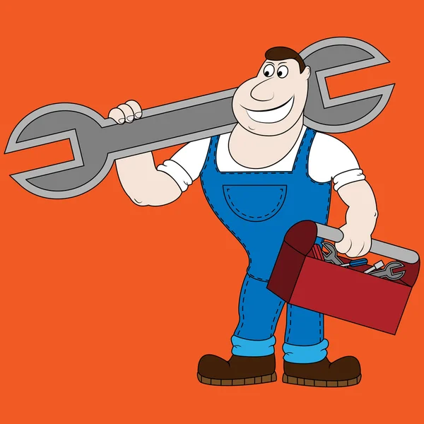 büyük bir İngiliz anahtarı tutan karikatür makinist.