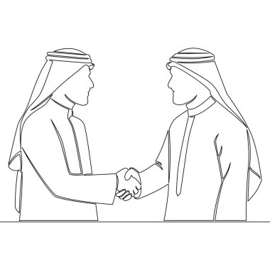 Continuous one single line drawing Two Arab businessmen in traditional clothing shaking hands icon vector illustration concept
