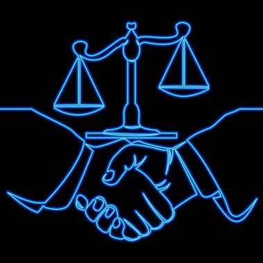 Adalet, anlaşma ve denge simgesi neon ışıklı vektör illüstrasyon kavramını sembolize eden terazilerin önünde el sıkışma