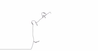 Çizgi çizimi animasyonu. İğne aşısı ile şırınga tutan El, sağlık enjeksiyonu. Tıbbi sürekli tek satır çizilmiş konsept video