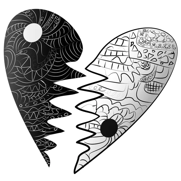Corazón roto blanco y negro dibujado estilo Zentangle — Archivo Imágenes Vectoriales
