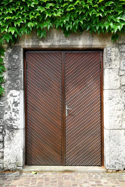  arka plan dikey kahverengi dokulu çizgili çizgili eski ahşap çift kapı taş kaldırım üst ve alt küçük yaprakları ile yeşil tırmanma tesisleri ile gri taş bir duvar da metal bir kolu ile