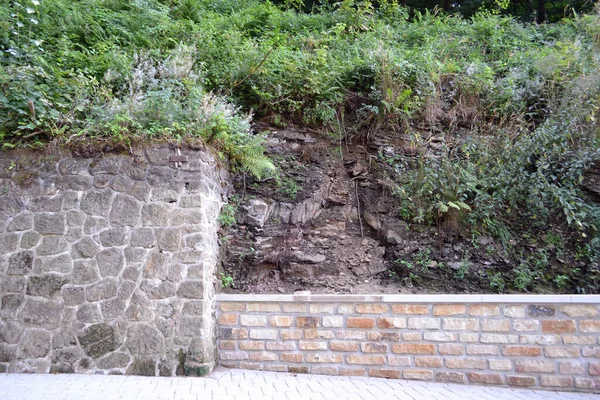 Fragment Fortress Wall Stone Fence Rock Covered Green Vegetation — 图库照片