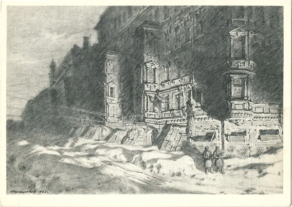 Winter van 1941-1942 in Leningrad.drypoint,1944 — Stockfoto