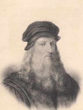 Portrait of Leonardo da Vinci on vintage postcard clipart