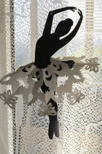 Fenêtre Avec Rideaux Silhouette Danseuse Ballet — Photo
