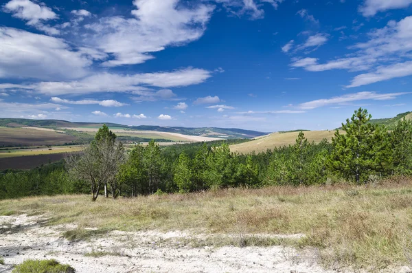 Sunny modré oblohy, louka a kopci nedaleko obce Katselovo — Stock fotografie