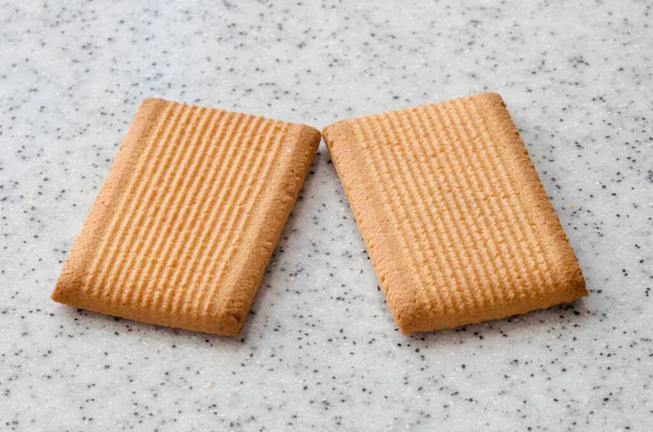 Biscuits Sablés Rectangulaires Sur Plateau Marbre Clair Cuisson Maison — Photo