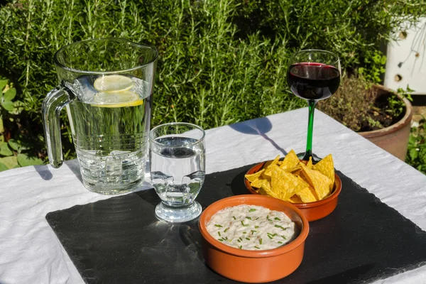 Auberginen-Dip in Keramikschale mit Tortilla-Chips und Eiswasser — Stockfoto