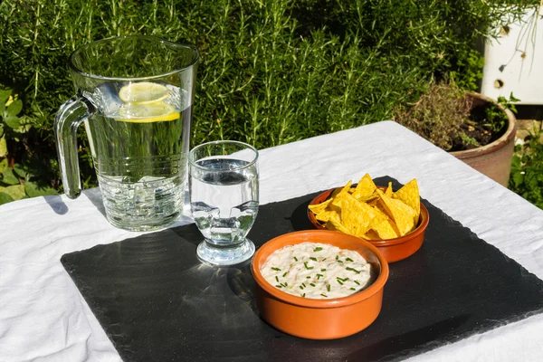 Auberginen-Dip in Keramikschale mit Tortilla-Chips und Eiswasser — Stockfoto