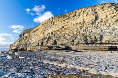 Dunraven Bay veya kireçtaşı kayalıkları ile Southerndown plaj.