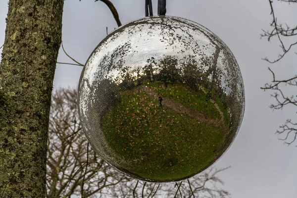 Grande Mirrorball Pendurado Uma Árvore Paisagem — Fotografia de Stock