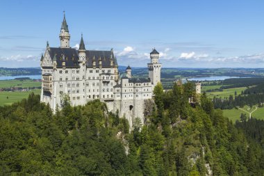 Neuschwanstein Şatosu arasında yeşil ağaçlar, Bavyera Alpleri.