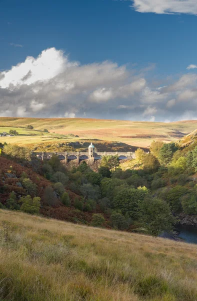 Craig Goch Dam and reservoir from distance, evening light, fall — Stock Photo, Image