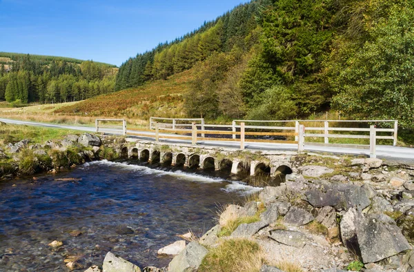 Track with bridge over river stream in mountain upland. — Stock Photo, Image