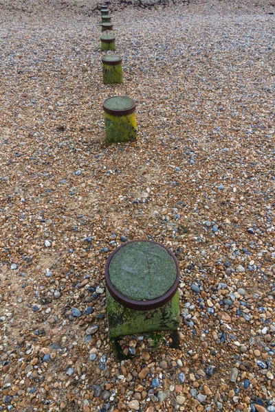 Tops of Groynes, part buried by pebbles. — Stock Photo, Image