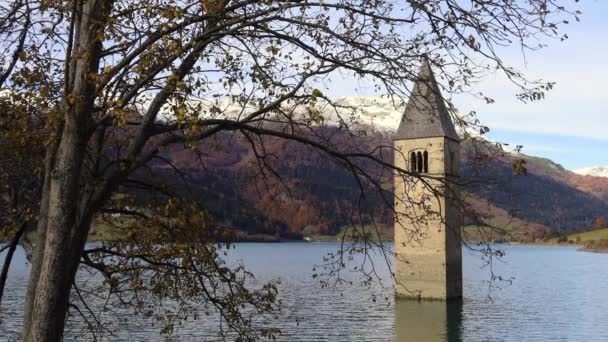 Submerged steeple in a lake — Stock Video