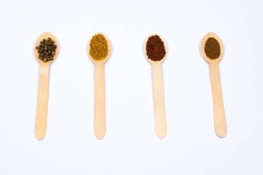 Beyaz arka planda tahta kaşıklarda çeşitli baharat tohumları. Beyaz arka planda pancar, hardal, marul, roka tohumları. Yazı için uygun bir yer. Yukarıdan görüntüle.