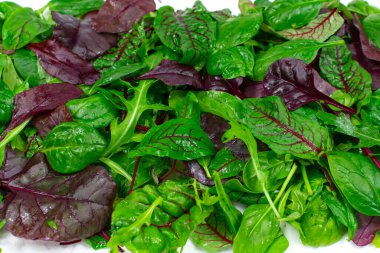 Salata yaprakları marul, turşu ve roket gibi arka planda.