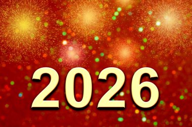 Havai fişekler ve kırmızı arka planda renkli konfeti üzerine büyük 2026 basamaklı şenlikli görüntü.
