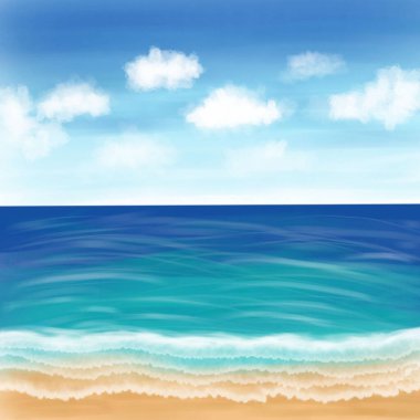 Mavi okyanus, turkuaz su, beyaz bulutlar ve kumlu plajlardan oluşan sakin bir deniz manzarası..