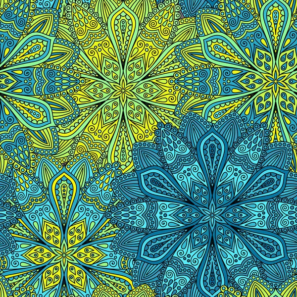 Ingewikkelde blauwe en gele bloemenpatroon — Stockvector
