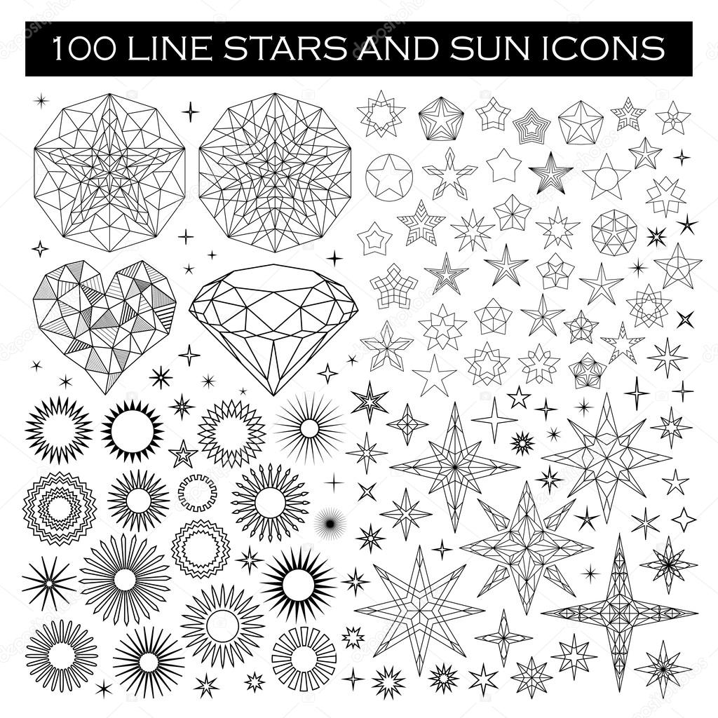 Big Bundle of Stars and Sun Icons. Line design vector stars and sun icons, black on white background. Decorative heart, isolated stars, diamond and suns. Stars in circle, abstract star shapes.