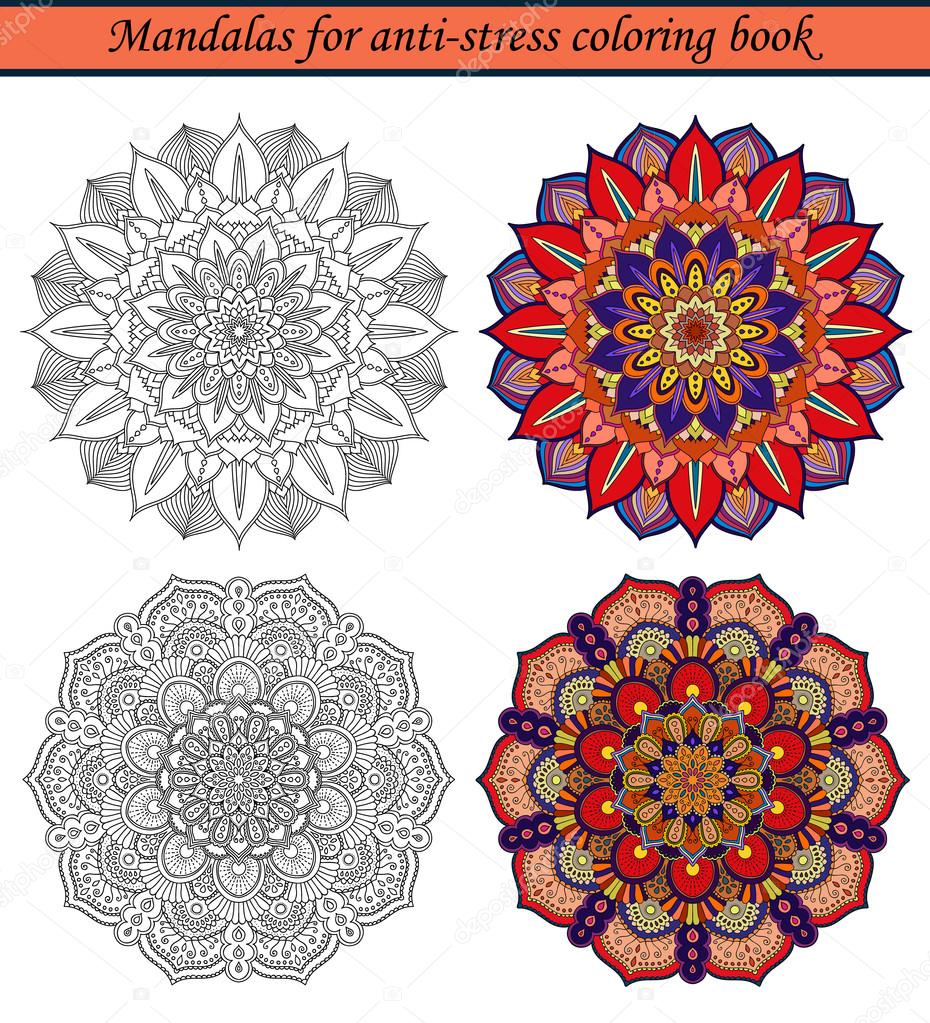 Mandala per libro da colorare antistress Campioni colorati e contorno nero rotondo ornamenti per il disegno di rilassante Elementi decorativi di disegno