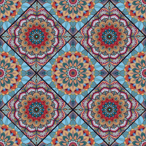 Boho azulejo flor cuadrados azul rojo — Vector de stock