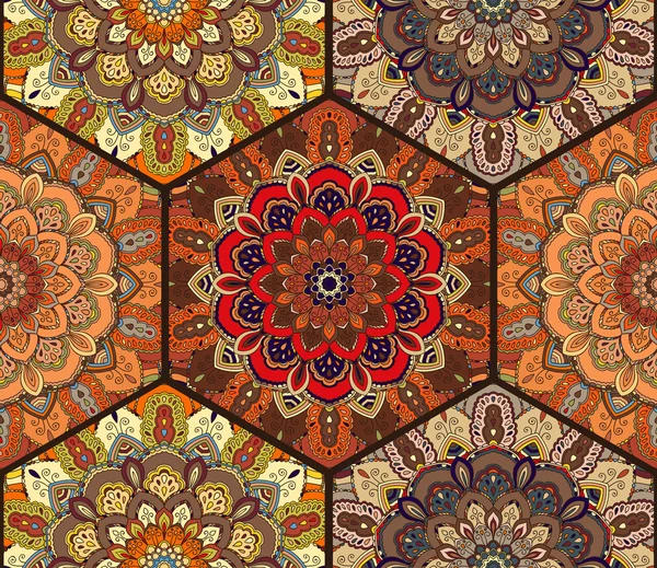 Peine de miel patrón hexagonal de flor Mandala Brown — Vector de stock