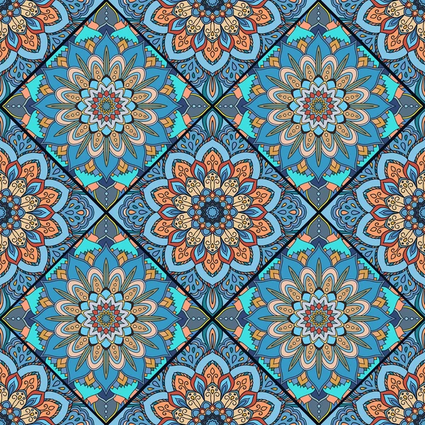 Boho azulejo flor cuadrados colorido azul — Vector de stock