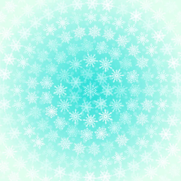 Antecedentes de copos de nieve blancos dispuestos en círculos concéntricos en azul verdoso claro — Vector de stock