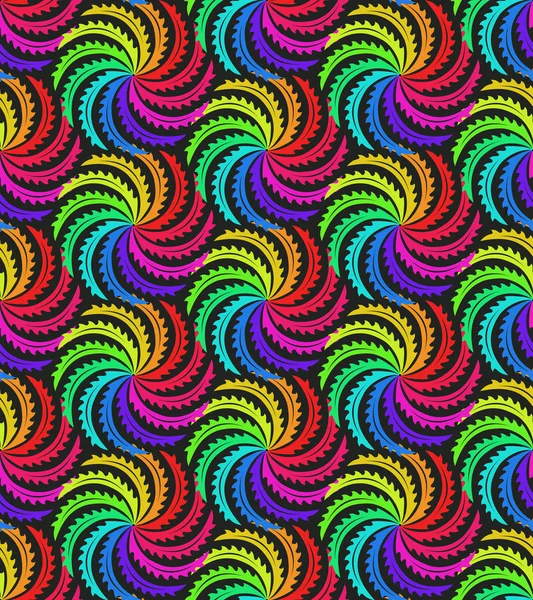 Colorido arco iris espiral circular floral sin costura patrón de hojas afiladas sobre fondo gris oscuro — Vector de stock