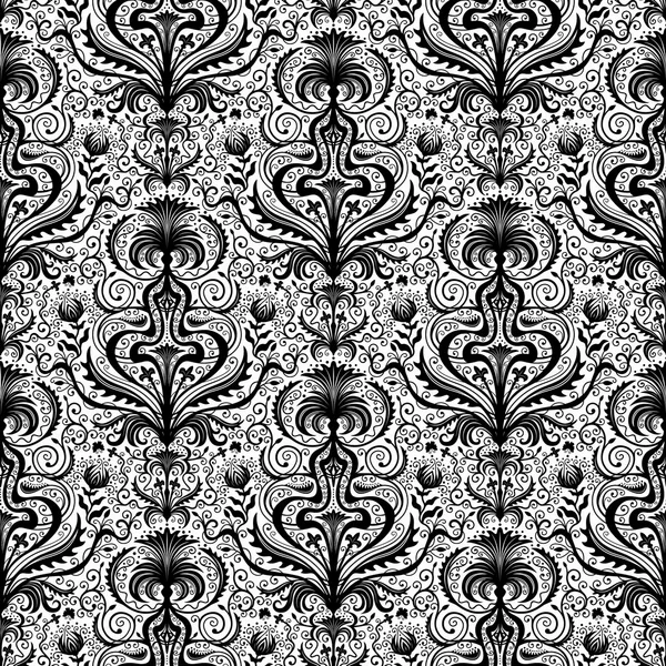 Επεξεργαστεί πολυτελή μαύρο άνευ ραφής Δαμασκηνό λουλουδάτο μοτίβο με τα λουλούδια και τα φύλλα σε άσπρο φόντο — Διανυσματικό Αρχείο
