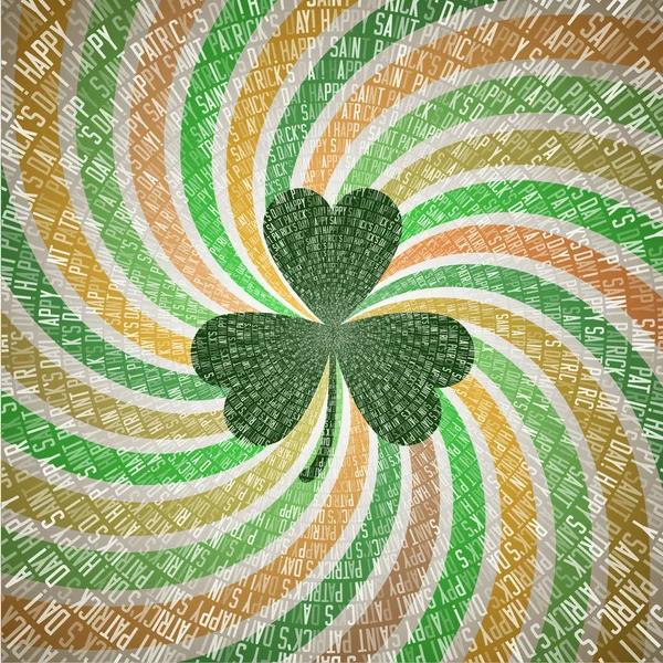 Saint Patricks Day Greeting Card with Clover Leaf on Abstract Geometric Fanning Twirl Rays Background in Vintage Shades of Green and Orange Irish Flag — Stock Vector