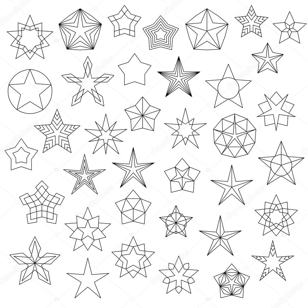 Big set of line star icons. Line design. Vector stars isolated on white background. Starry image for logos, icons, tatoos, banners, websites, corporate identity, business card. Black and white stars