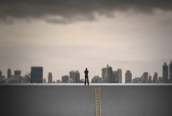 Businessman climbing on a ladder over a city looking ahead, Leadership concept — Stock Photo, Image