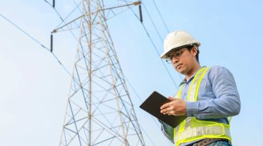Elektrik Mühendisi Elektrik Santrali Arkaplanı ile Dijital Tablet üzerinde çalışıyor