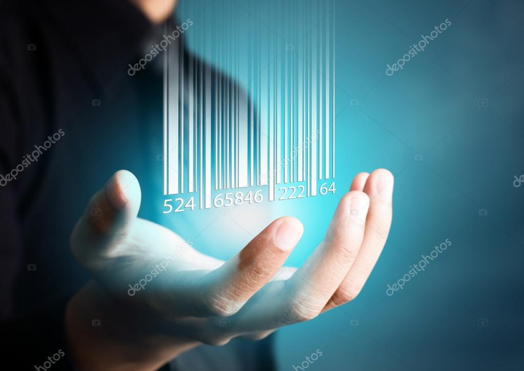 Herunterladen - Barcode-Drop auf Geschäftsmann-Hand, Finanzkonzept — Stockbild Barcode-Drop auf Geschäftsmann-Hand, Finanzkonzept — Stockfoto