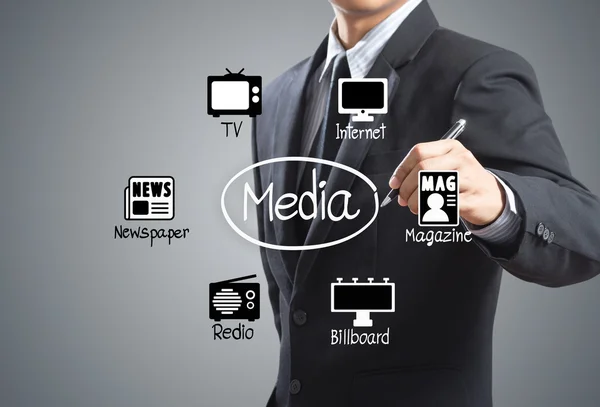 Business man drawing media Icons diagram — Stock Photo, Image