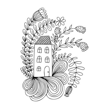 Çiçeklerle çevrili küçük bir ev.