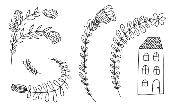 Klein huis omringd door bloemen — Stockvector