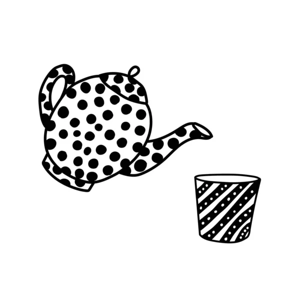 Vajilla o utensilios de cocina dibujados a mano. Tetera y taza de vectores — Archivo Imágenes Vectoriales